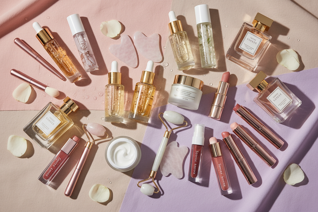 A beautifully arranged flat-lay of trending luxury beauty products on a soft pastel background (blush pink, beige, lavender). Include a mix of high-end skincare serums in glass droppers, moisturizers in frosted jars, facial oils, hydrating mists, Gua Sha stones, jade rollers, lip oils, glossy lip products, creamy blush sticks, and modern perfumes. Add subtle touches like gold accents, soft shadows, dewy water droplets, and delicate petals for a feminine, elegant aesthetic. Lighting should be soft, glowing, 