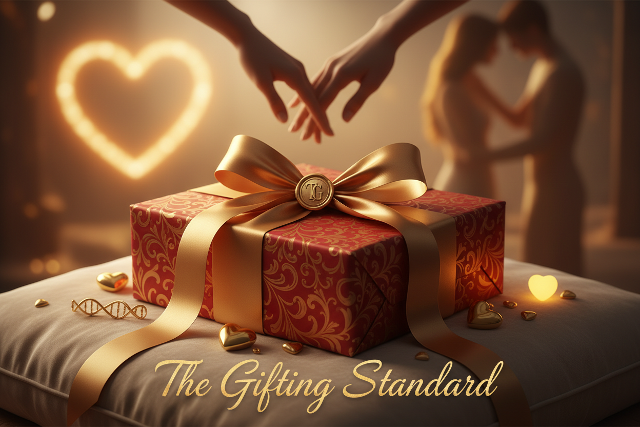 A luxurious holiday-inspired scene showcasing “The Gifting Standard.” A beautifully wrapped premium gift box sits on a soft, elegant surface, surrounded by warm golden lighting. The box features rich textures like satin ribbons and embossed patterns. In the background, subtle elements symbolize strong relationships — intertwined hands, soft glowing hearts, or elegant silhouettes of two people sharing a moment. The atmosphere feels warm, classy, and emotionally rich. Include the tagline in refined typography
