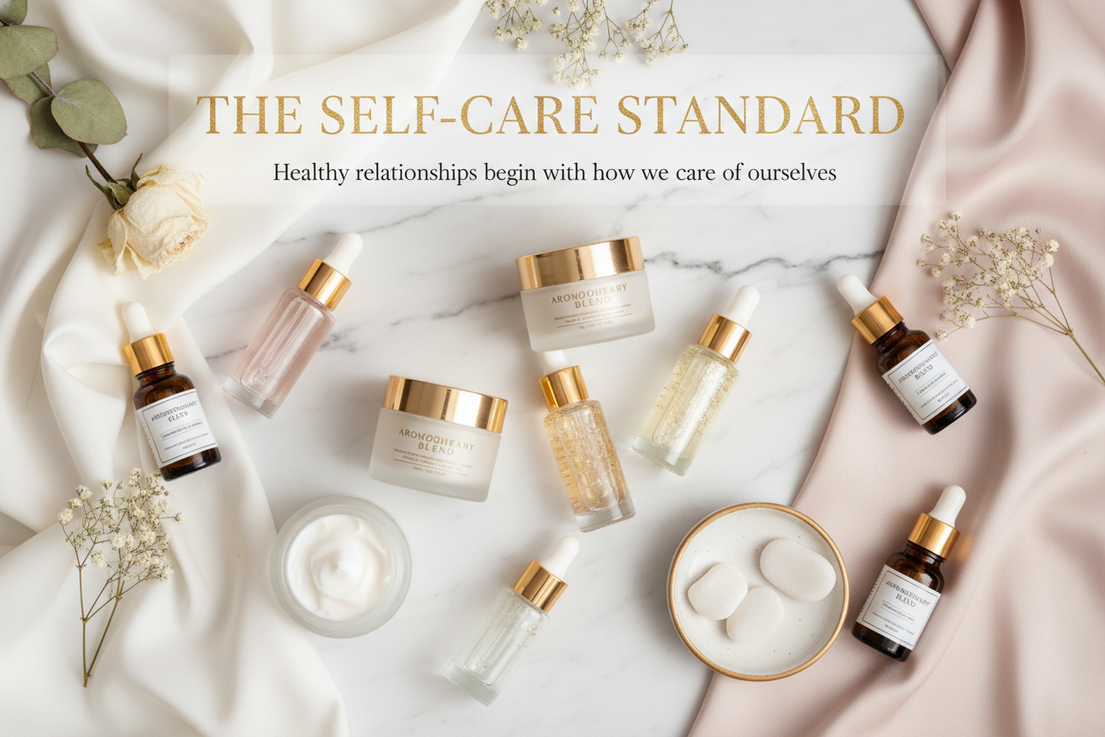A luxurious self-care flat-lay featuring premium skincare jars, serums with gold droppers, aromatherapy oils, silk fabrics, and soft botanical accents. The scene feels serene, warm, and indulgent—reflecting the idea that caring for yourself elevates every relationship around you. Use soft spa-like lighting, marble or satin surfaces, and minimal gold details to convey premium quality. Add refined modern typography with the title: “The Self-care Standard.” Subtext: “Healthy relationships begin with how we car