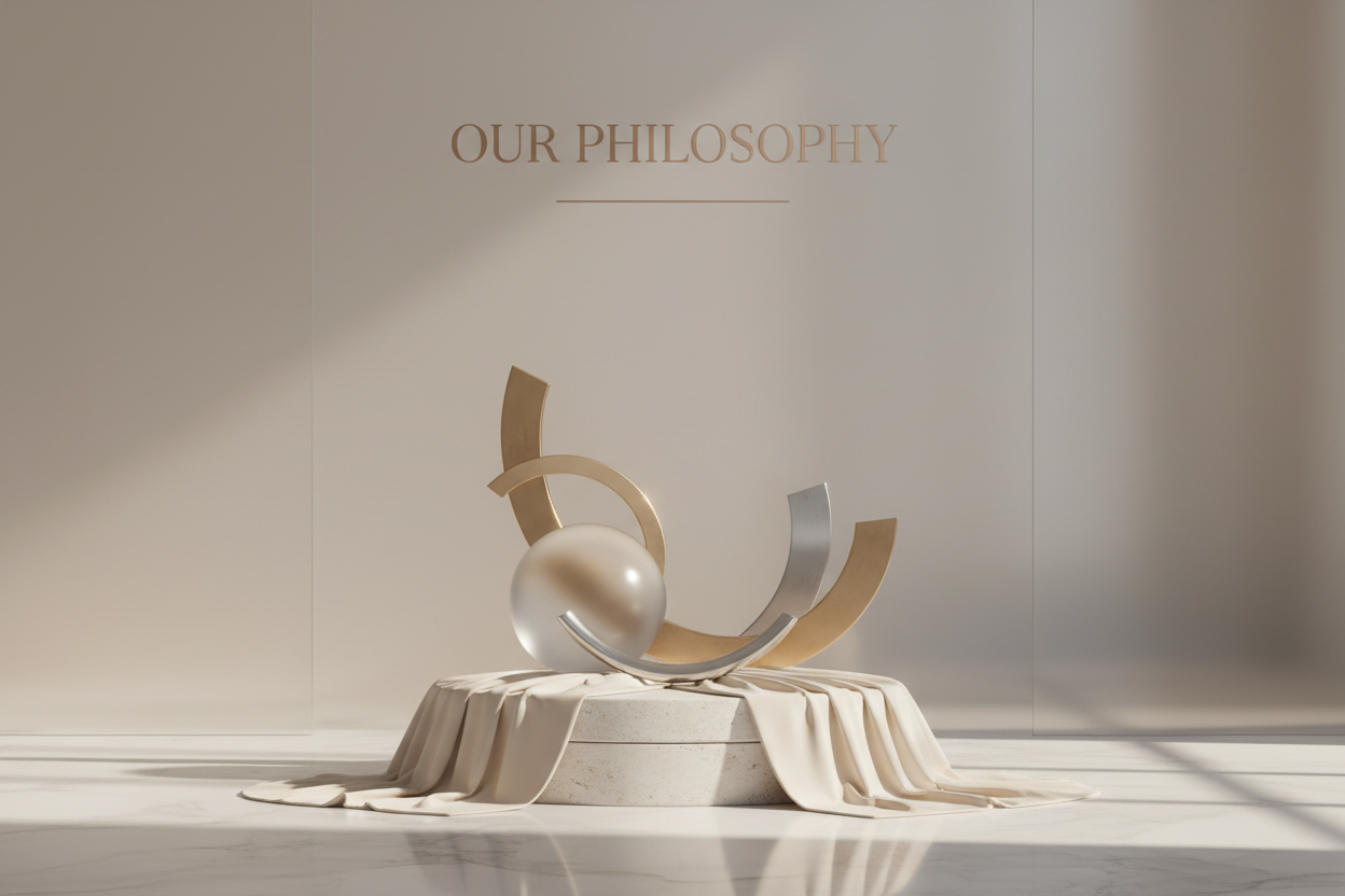 A modern, minimal, high-end visual that represents accessible luxury. A clean composition with soft lighting, smooth textures, and subtle metallic accents (gold or silver). Include elements like abstract shapes, polished stone, soft fabric folds, or gentle light gradients to evoke elegance without referencing any specific product category. The scene should feel premium yet welcoming, symbolizing that luxury is abundant and attainable. Add refined, modern typography displaying: “Our Philosophy” and beneath i