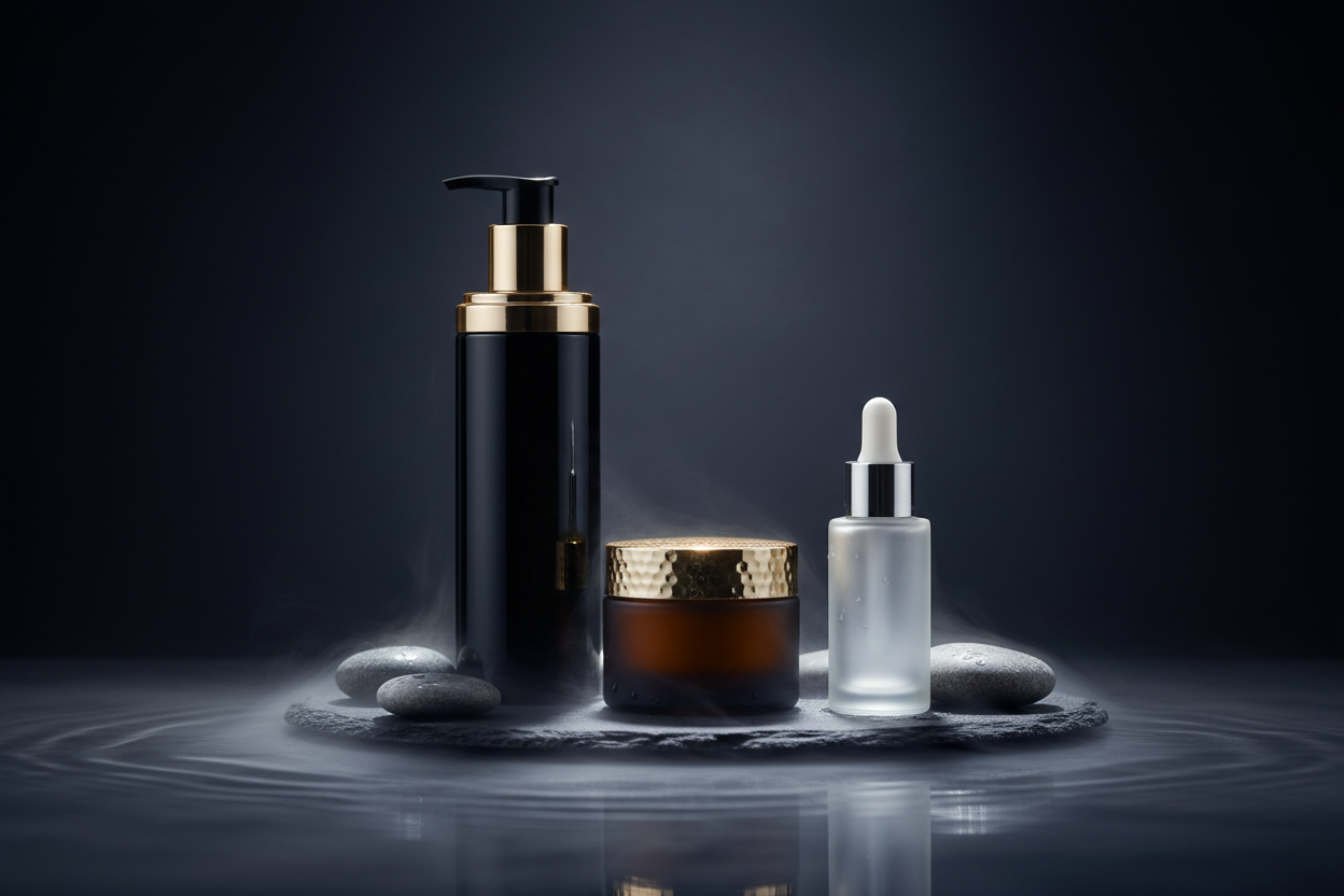 A moody, luxurious skincare scene with a deep charcoal, midnight blue, or black background. Soft, diffused lighting highlights sleek skincare bottles and jars in glossy black, dark amber, or frosted glass with subtle metallic accents. Gentle reflections and a soft glow around the products create an elegant, calming atmosphere. Add minimal elements like smooth stones, water ripples, or a hint of mist to evoke a soothing, effortless routine. The overall composition should be clean, modern, and inviting, leavi
