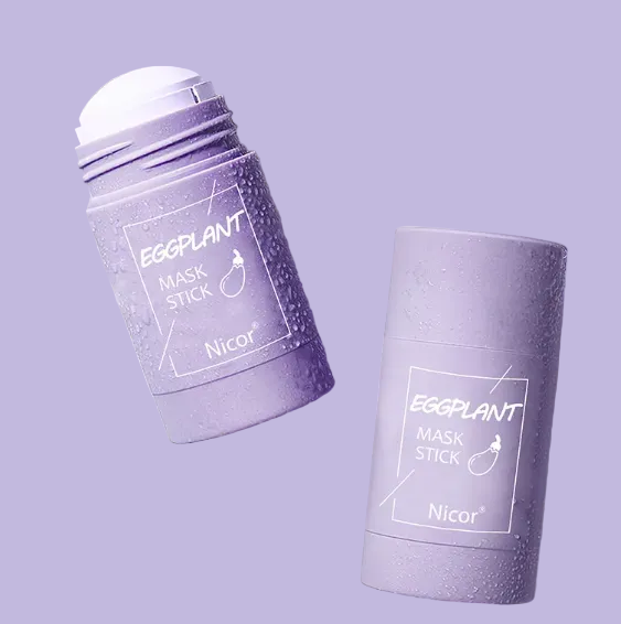 Two purple eggplant mask sticks with Nicor branding on a textured white background.