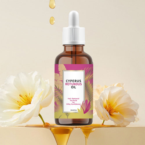 Bottle of Cyperus Rotundus oil with flowers on a beige background