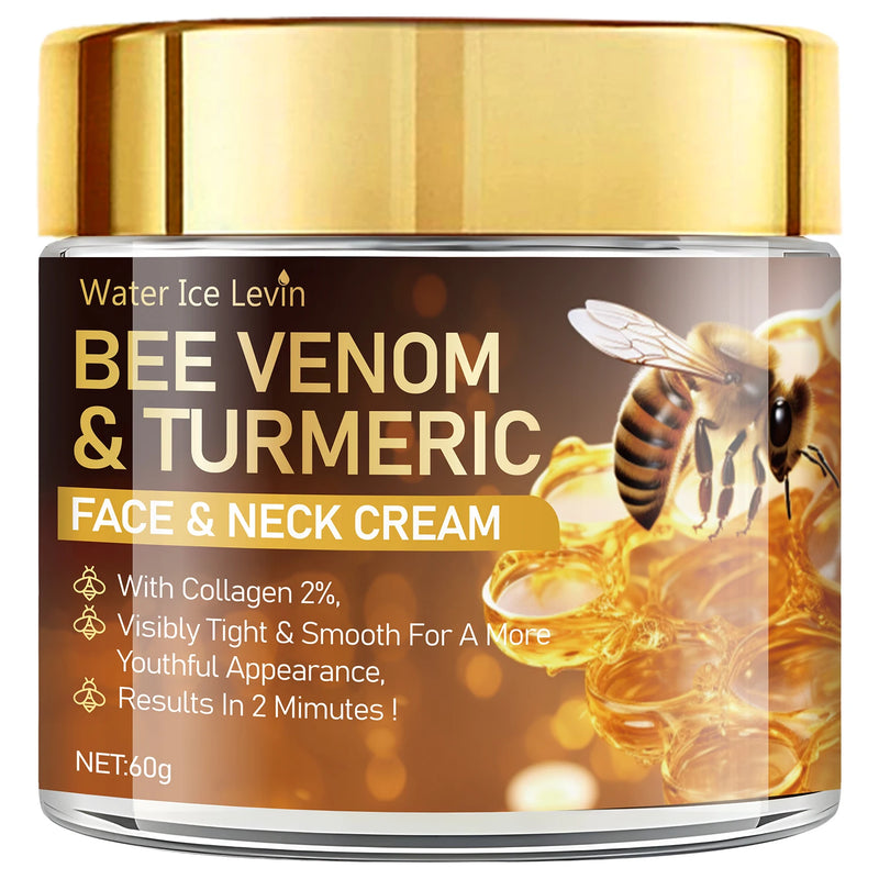 Jar of Bee Venom & Turmeric Face & Neck Cream with gold lid and honeycomb design on label.